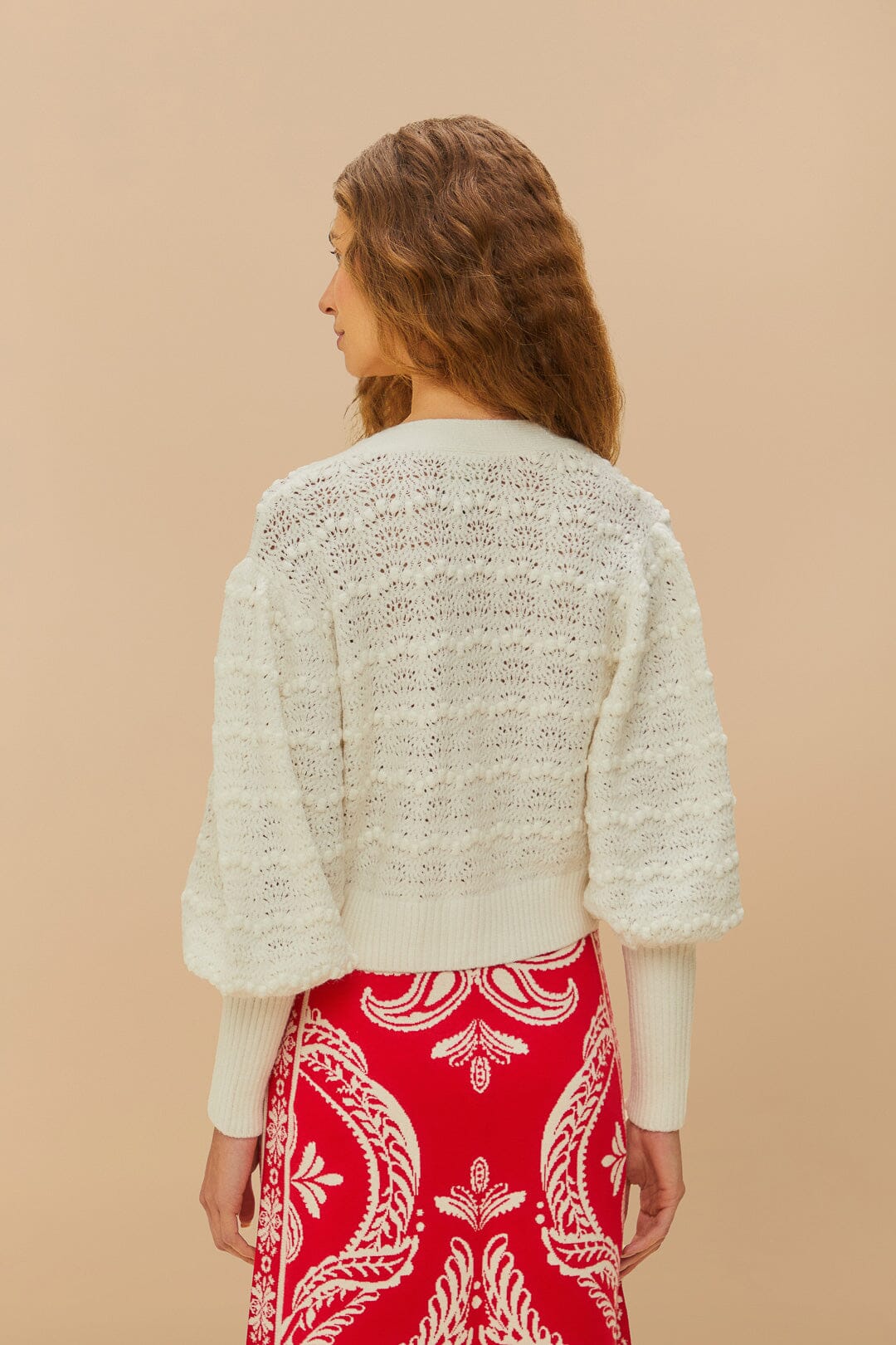 FARM Rio White Lace Stitch Knit Crop Cardigan