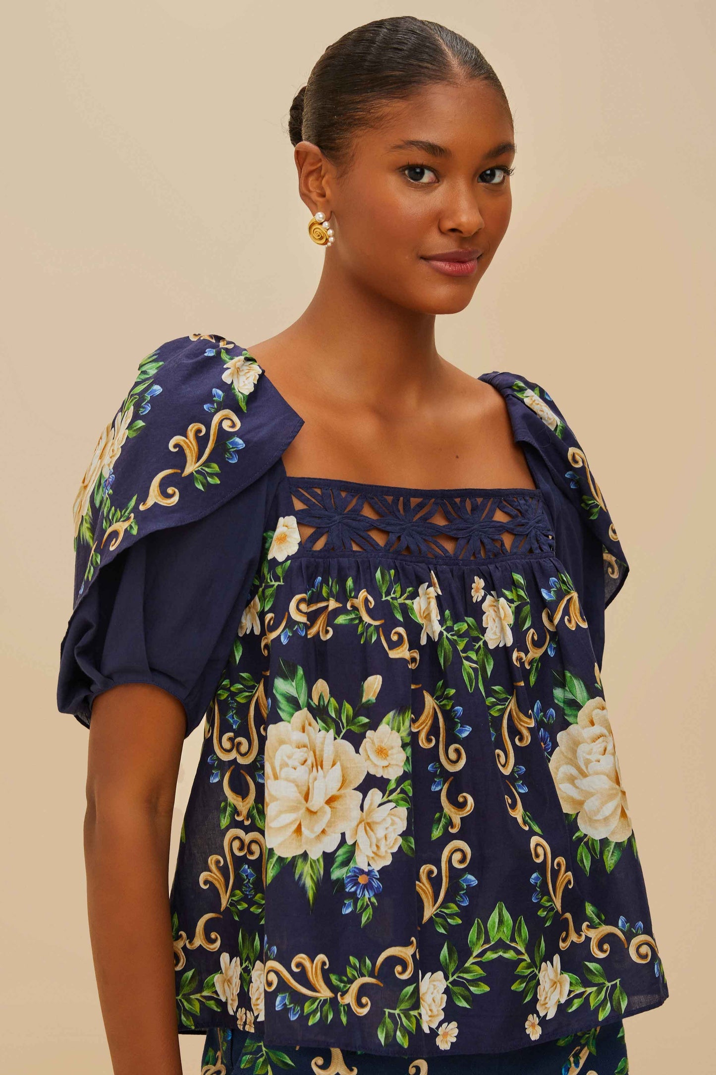 FARM Rio Blue Flower Tapestry Yoke Blouse