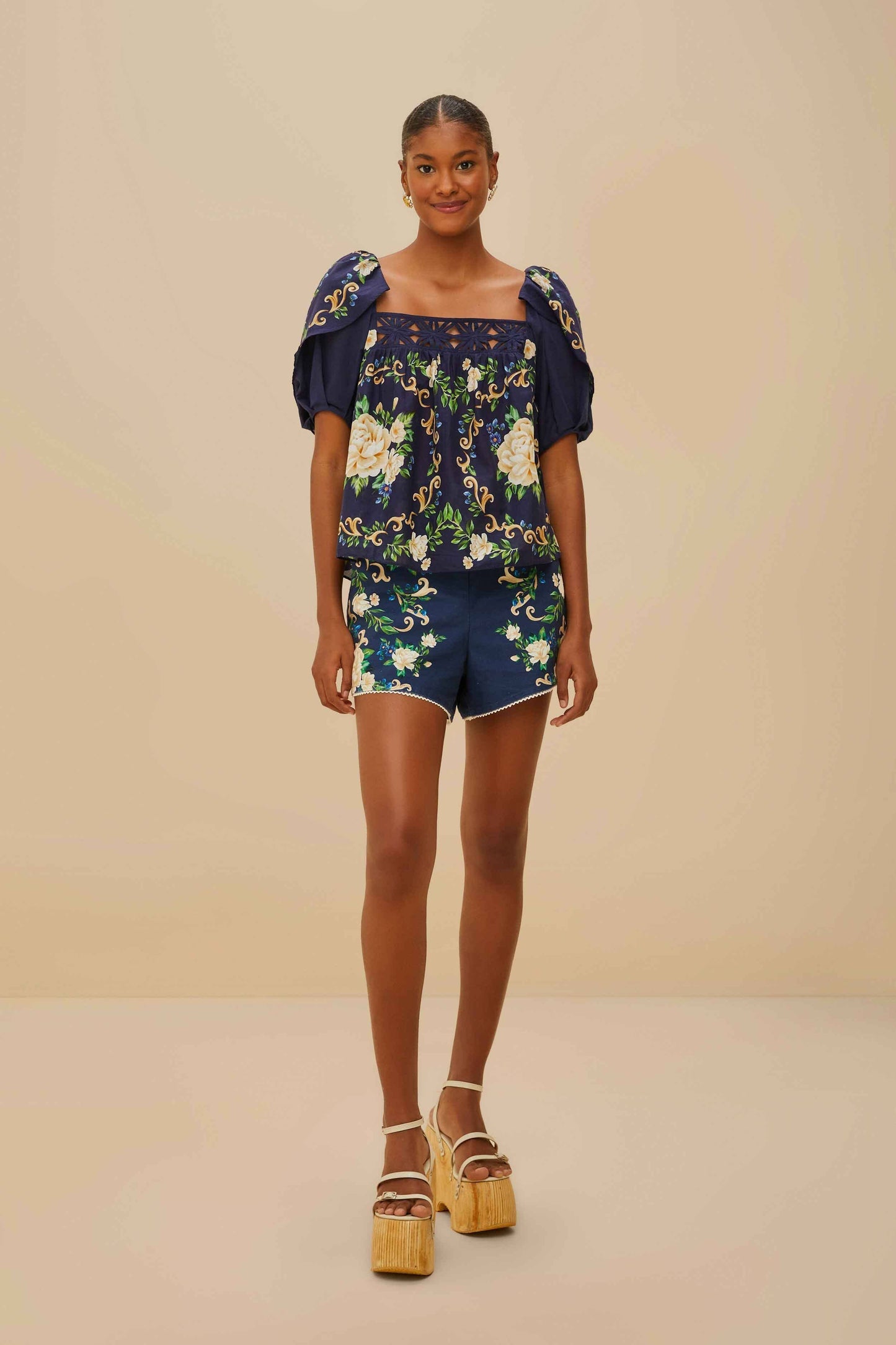 FARM Rio Blue Flower Tapestry Yoke Blouse