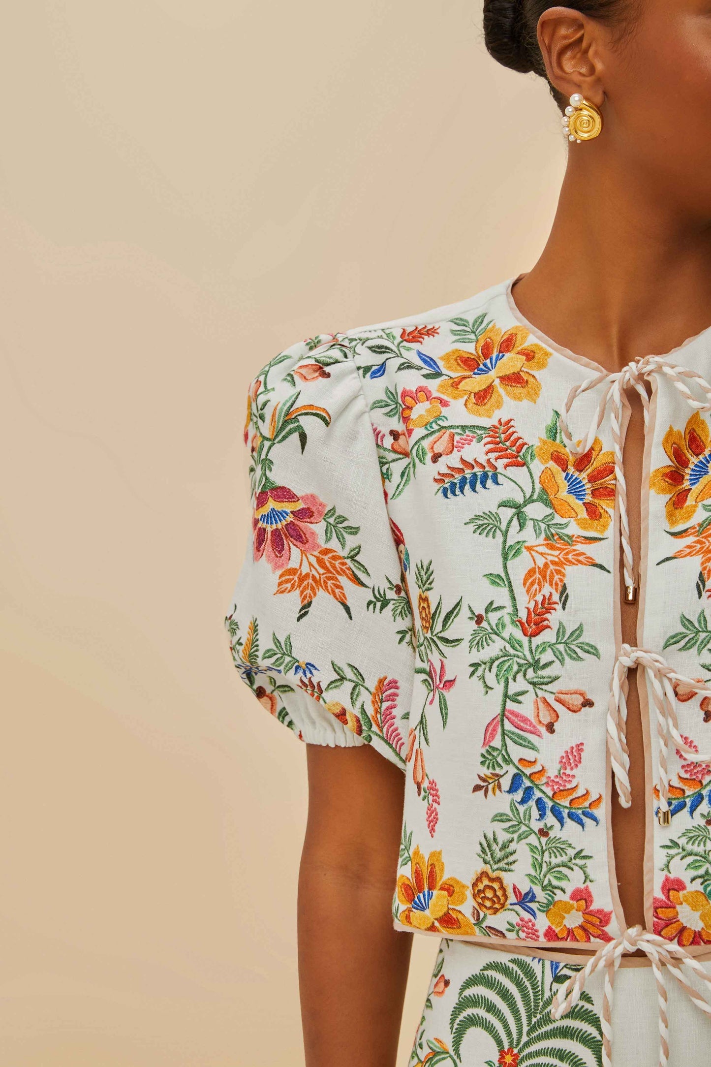 FARM Rio Off-White Delicate Forest Scarves Euroflax™ Premium Linen Blouse