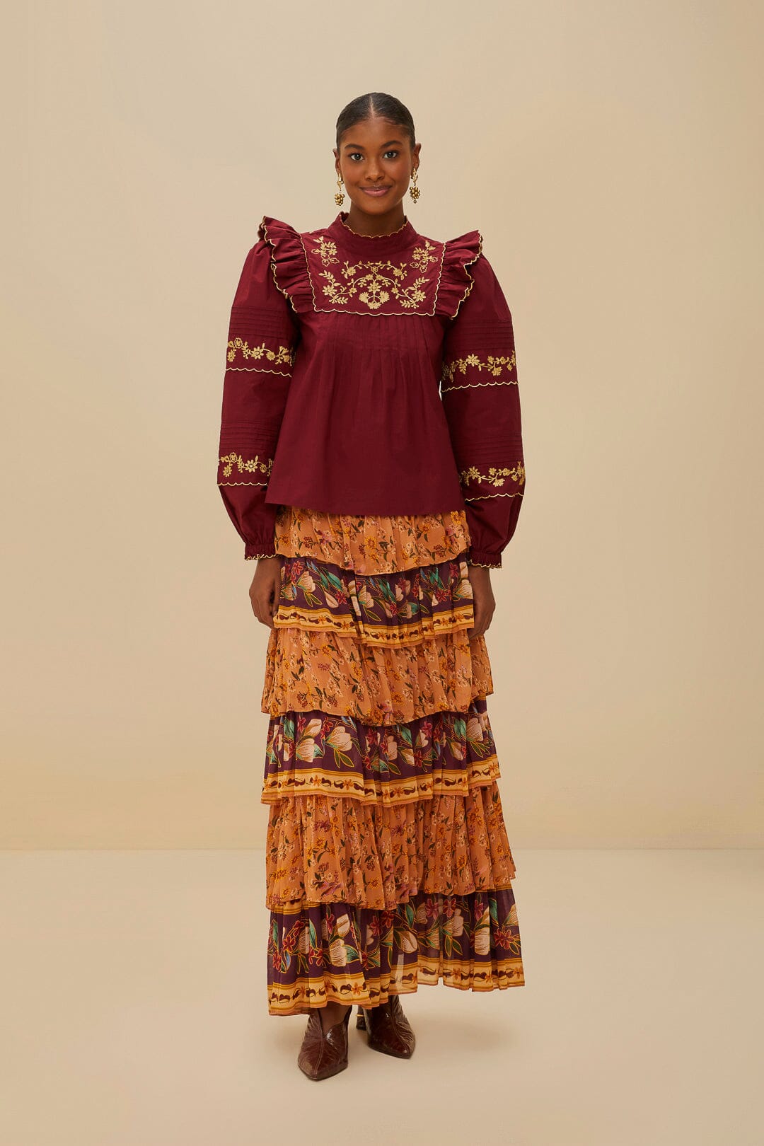 FARM Rio Burgundy Golden Embroidered Organic Cotton Blouse