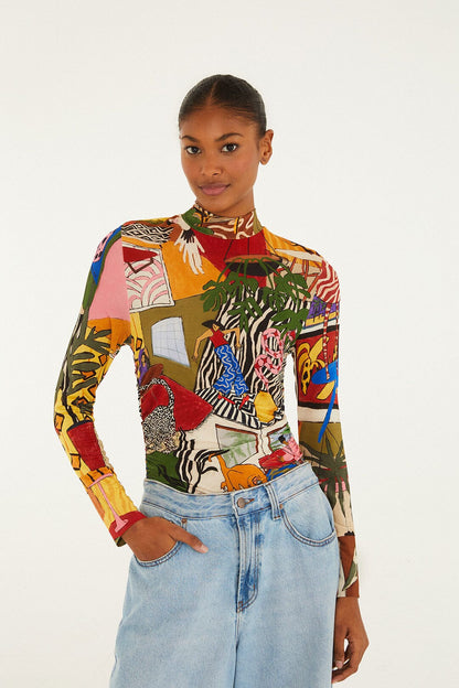 FARM Rio Multicolor Tropical Long Sleeve Turtleneck Blouse | FARM Rio