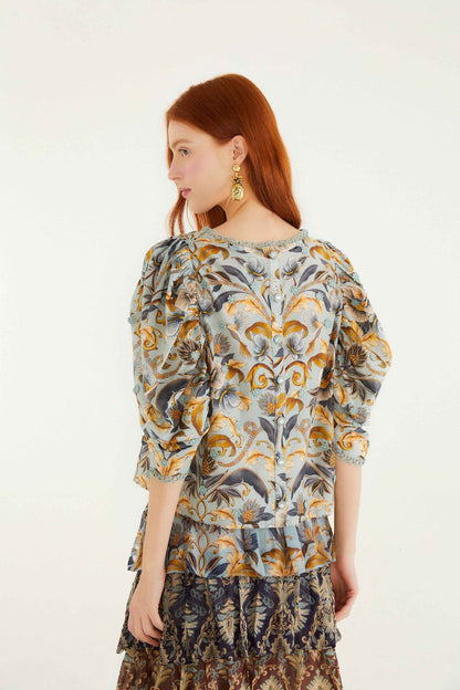 FARM Rio Blue Snake Garden 3d Applique Blouse | FARM Rio