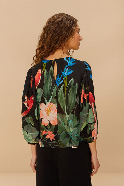 FARM Rio Midnight Macaw Fiesta Black Blouse