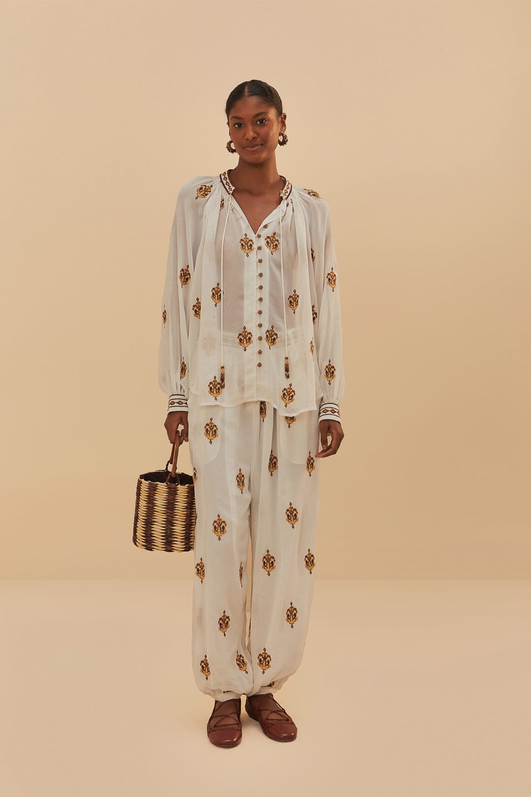 FARM Rio Off-White Anchor Tapestry Embroidered Long Sleeve Blouse