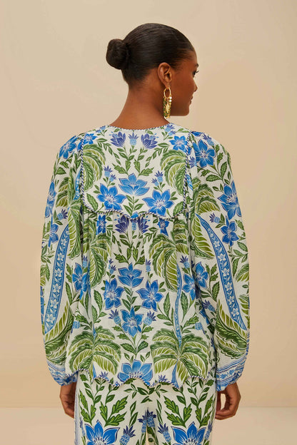 FARM Rio Off-White Tropicance Wavy Yoke Blouse
