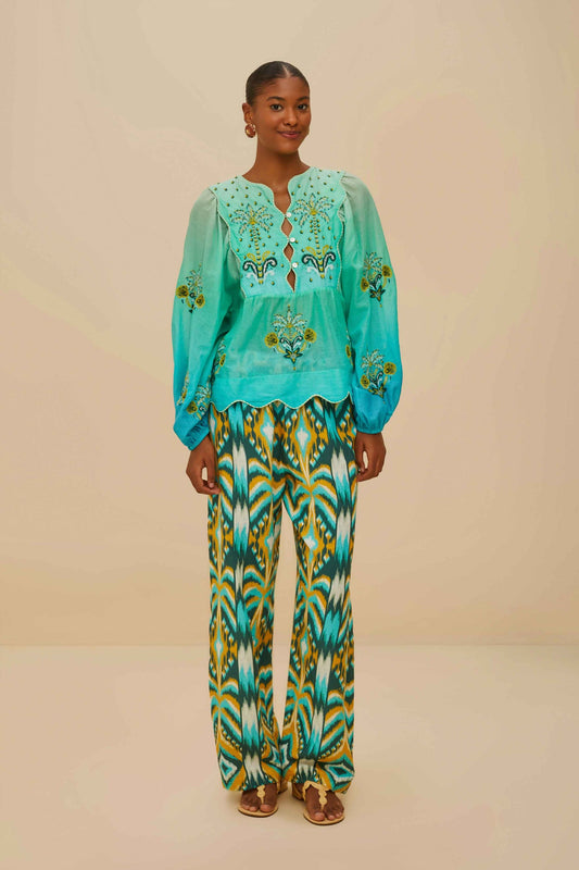 FARM Rio Turquoise Palm Tree Tapestry Blue Wavy Yoke Blouse