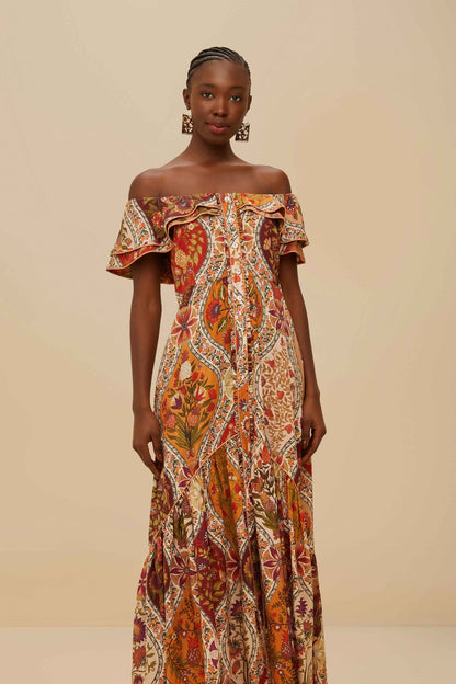 FARM Rio Multicolor Romantic Nature Off-Shoulder Maxi Dress
