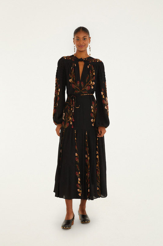 FARM Rio Black Berry Garden Long Sleeve Pleated Maxi Dress | FARM Rio