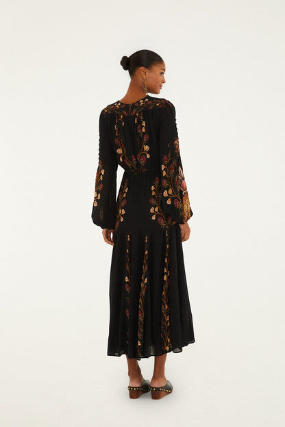 FARM Rio Black Berry Garden Long Sleeve Pleated Maxi Dress | FARM Rio