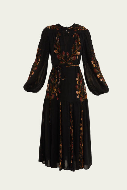 FARM Rio Black Berry Garden Long Sleeve Pleated Maxi Dress | FARM Rio