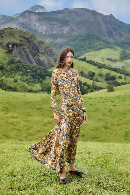 FARM Rio Blue Winter Tapestry Long Sleeve Maxi Dress | FARM Rio