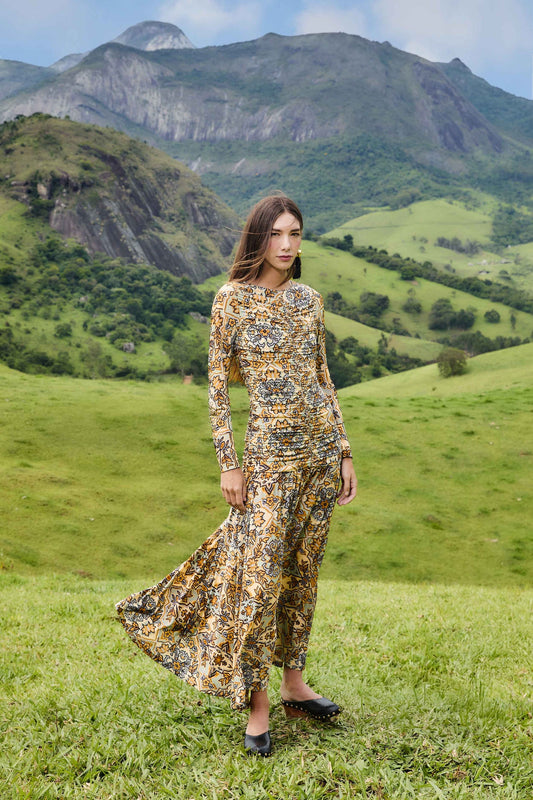FARM Rio Blue Winter Tapestry Long Sleeve Maxi Dress | FARM Rio