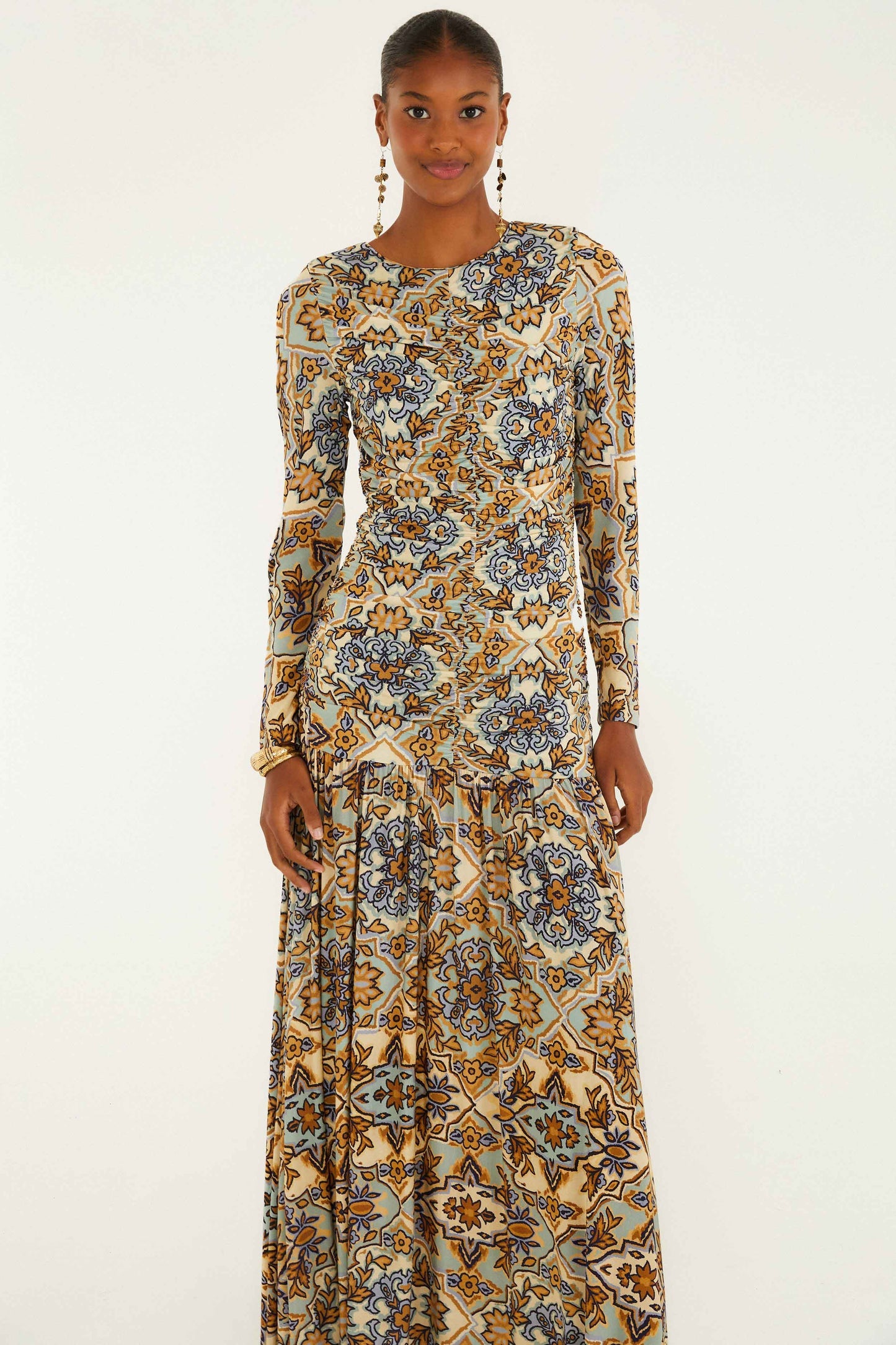 FARM Rio Blue Winter Tapestry Long Sleeve Maxi Dress | FARM Rio