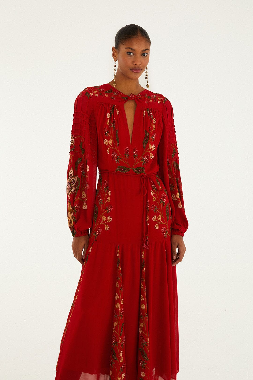 FARM Rio Red Berry Garden Long Sleeve Pleated Maxi Dress | FARM Rio