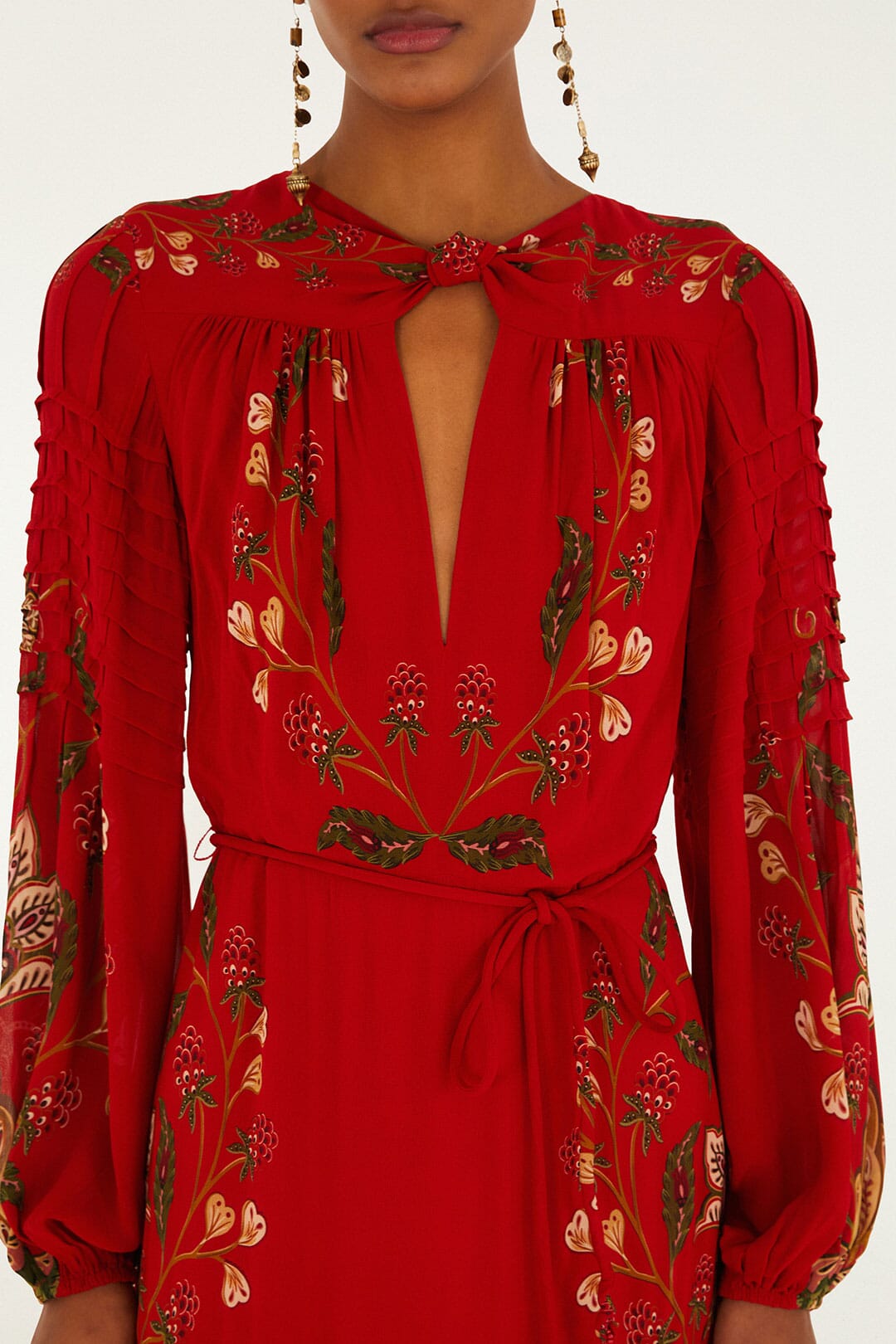 FARM Rio Red Berry Garden Long Sleeve Pleated Maxi Dress | FARM Rio
