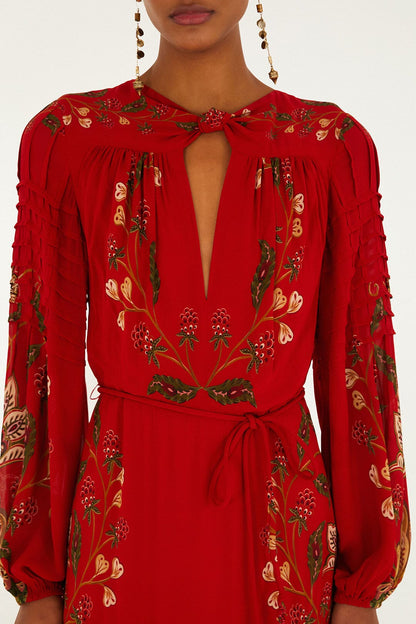 FARM Rio Red Berry Garden Long Sleeve Pleated Maxi Dress | FARM Rio