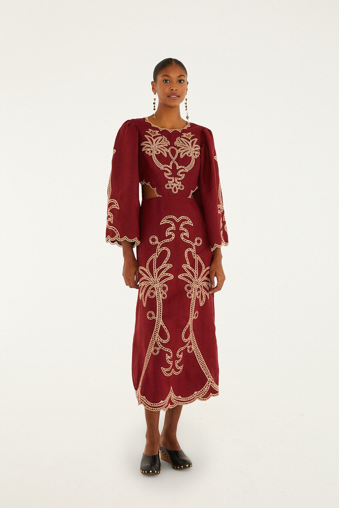 FARM Rio Red Artisanal Cut-Out Embroidered Euroflax� Premium Linen Maxi Dress | FARM Rio