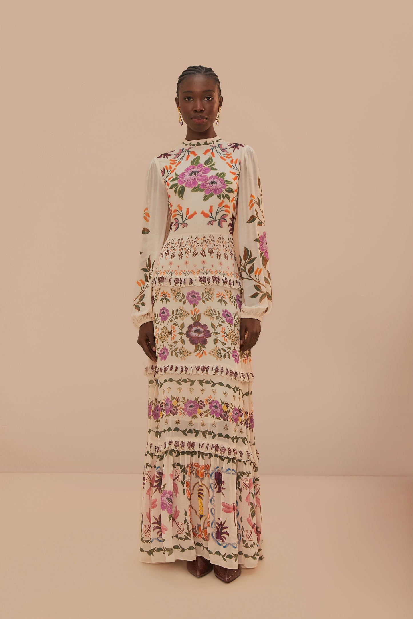 FARM Rio Cream Winter Garden Ruffle Maxi Dress