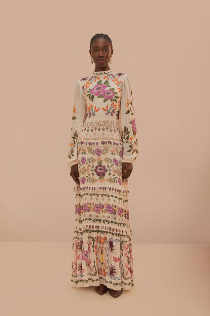 FARM Rio Cream Winter Garden Ruffle Maxi Dress