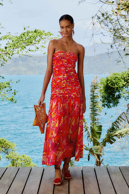 FARM Rio Orange Flying Birds Strapless Midi Dress