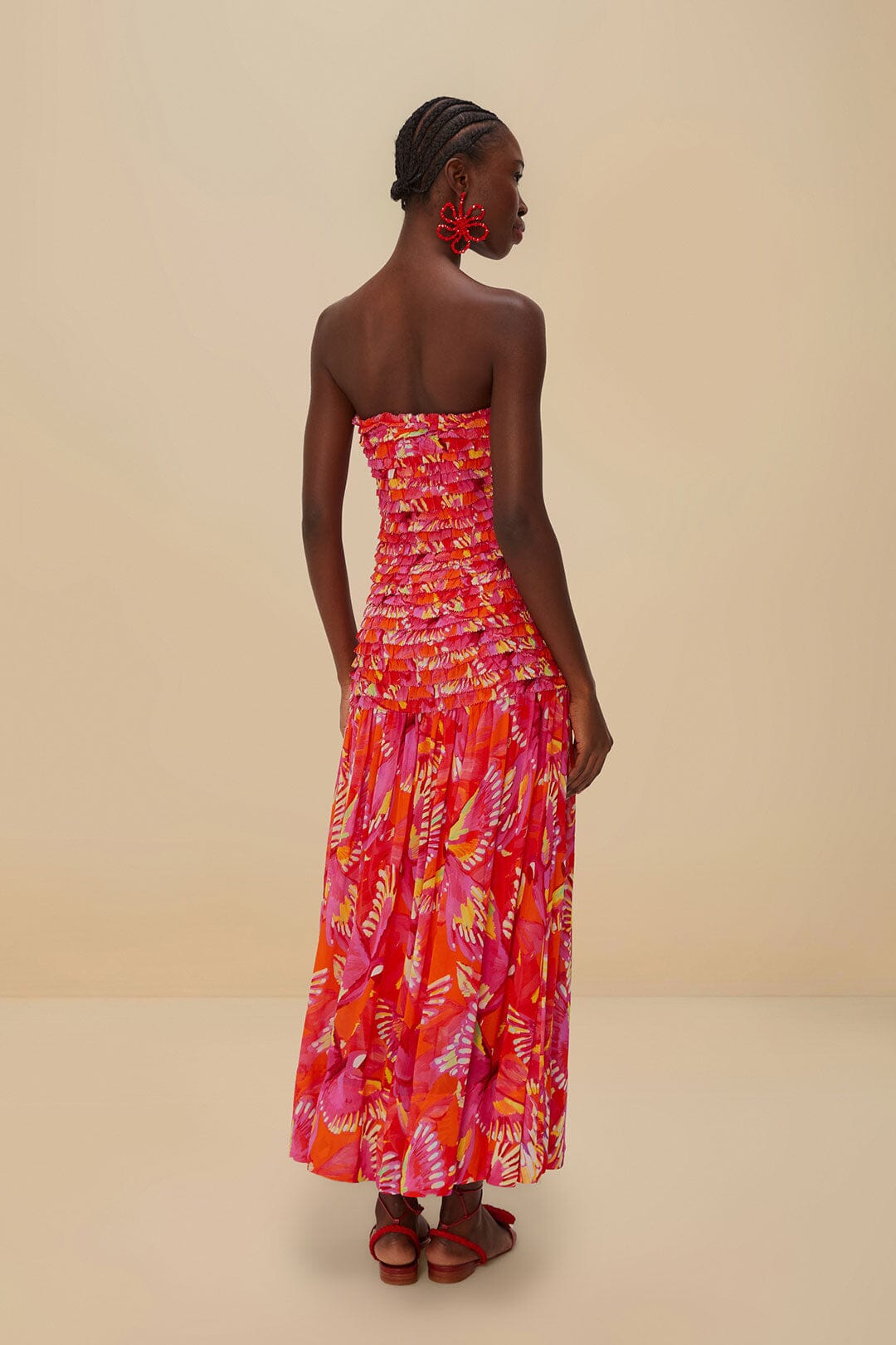 FARM Rio Orange Flying Birds Strapless Midi Dress