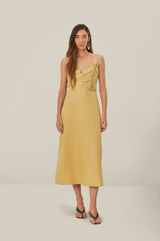FARM Rio Sand 3D Flower Bodice Midi Dress