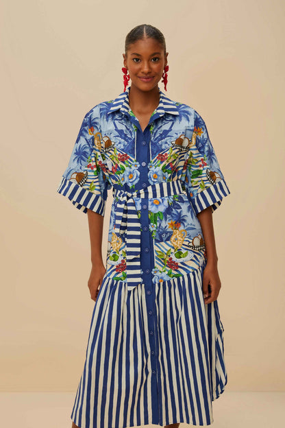 FARM Rio Blue Fresh Table Scarf Organic Cotton Midi Dress