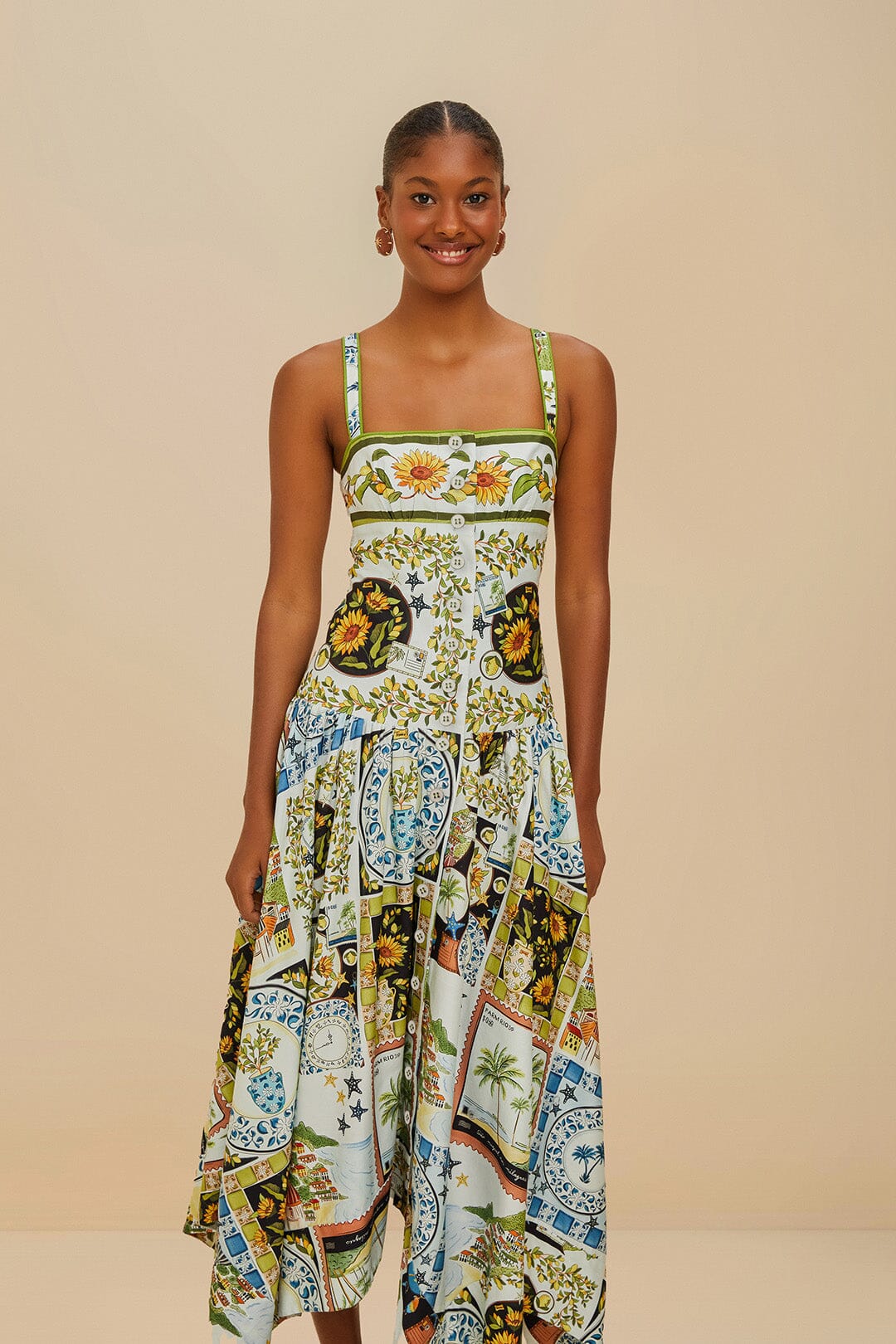 FARM Rio Multicolor Latin Trip Scarves Organic Cotton Midi Dress