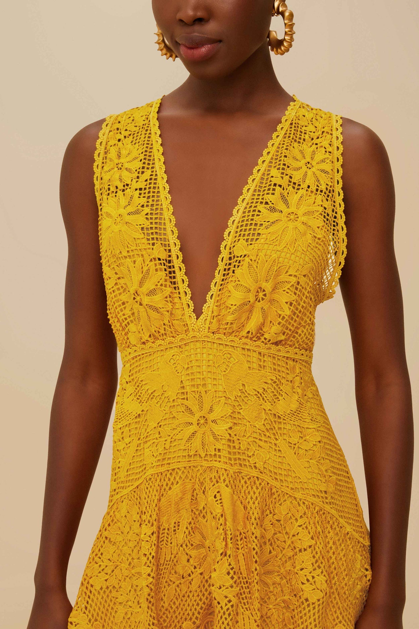FARM Rio Landscape Guipure Mustard Yellow Midi Dress