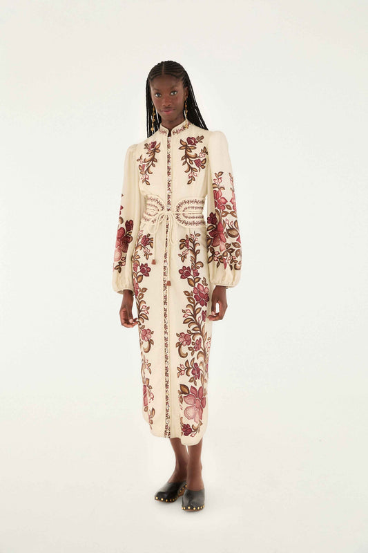 FARM Rio Sand Renata Floral Long Sleeve Midi Dress | FARM Rio