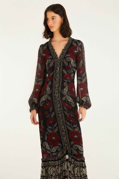 FARM Rio Black Valentina Ruffled Long Sleeve Midi Dress | FARM Rio