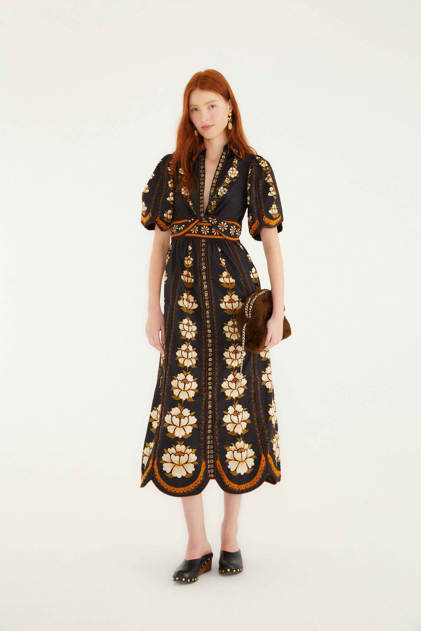 FARM Rio Black Embroidered Flowers Organic Cotton Midi Dress | FARM Rio