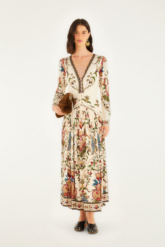 FARM Rio Cream Majestic Hearts Long Sleeve Midi Dress | FARM Rio