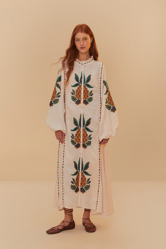 FARM Rio Light Pink Cross Stitch Pineapple Embroidered Midi Dress