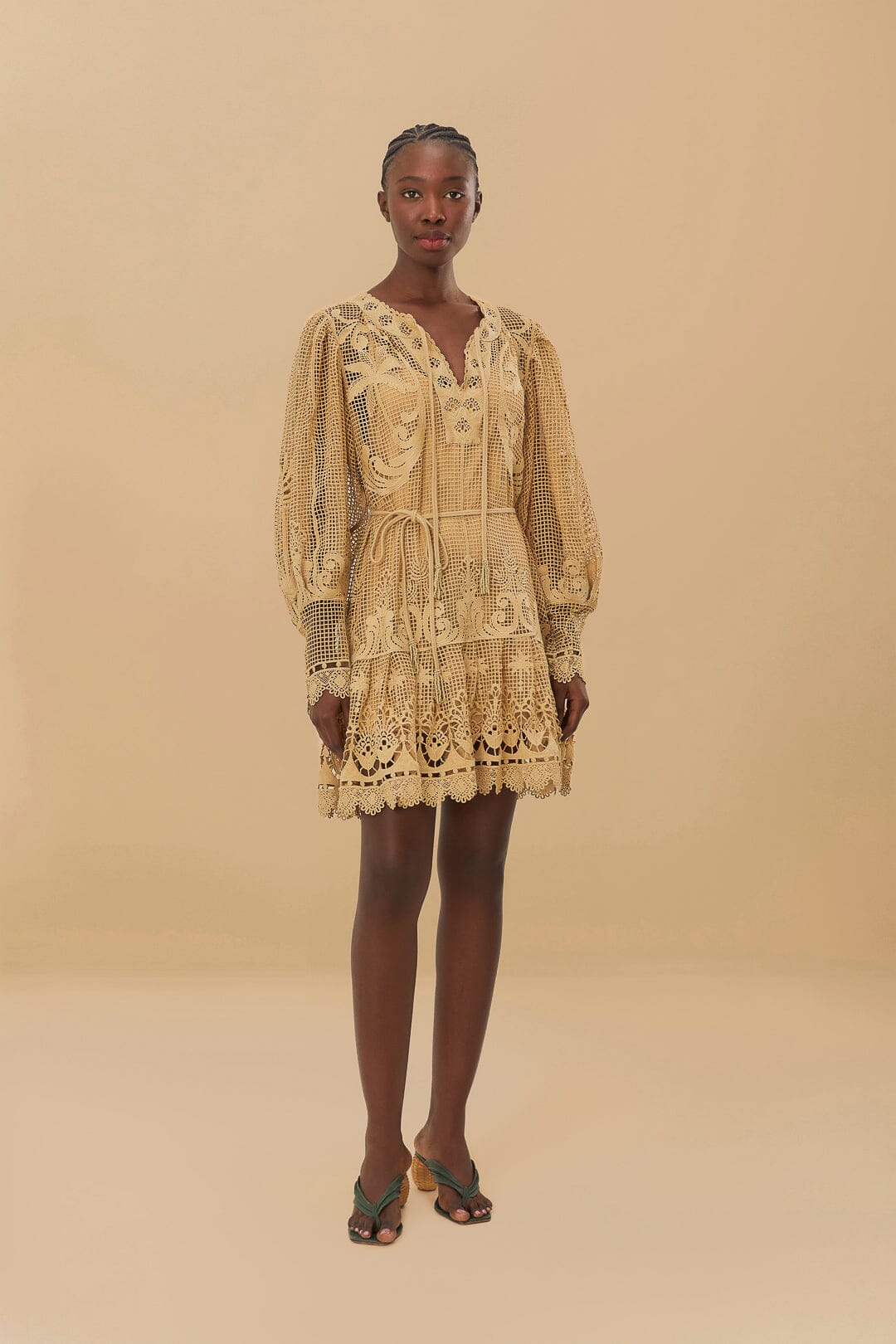 FARM Rio Sand Tropical Flight Guipure Mini Dress