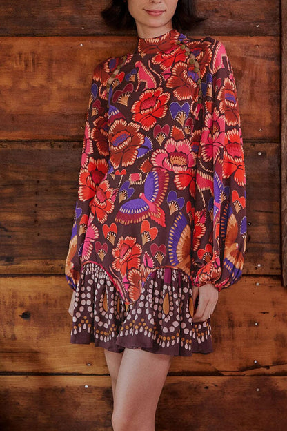 FARM Rio Brown Bright Flora Long Sleeve Mini Dress