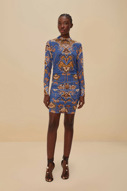 FARM Rio Blue Ornament Floral Tulle Mini Dress