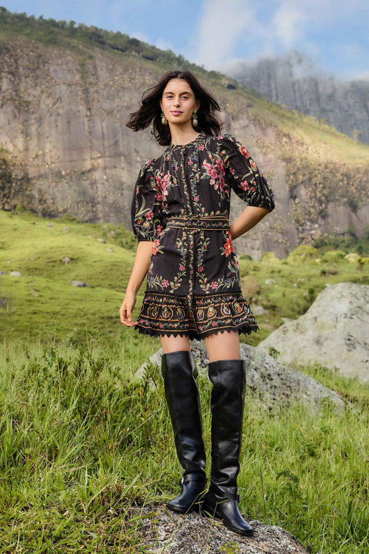 FARM Rio Black Belle Garden Lace Belted Mini Dress | FARM Rio