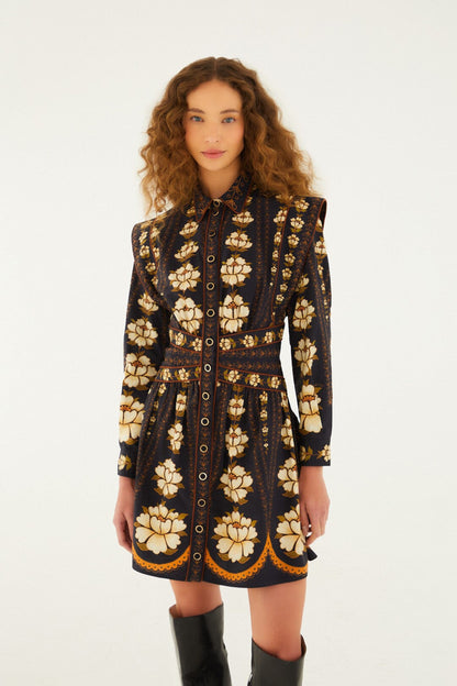 FARM Rio Black Embroidered Flowers Long Sleeve Organic Cotton Mini Dress | FARM Rio