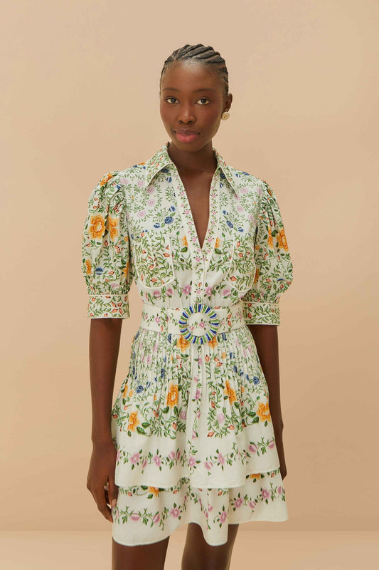 FARM Rio Off-White Folk Floral Short Sleeve Mini Dress
