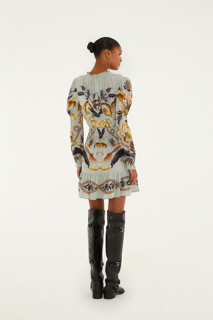 FARM Rio Blue Snake Garden Long Sleeve Mini Dress | FARM Rio