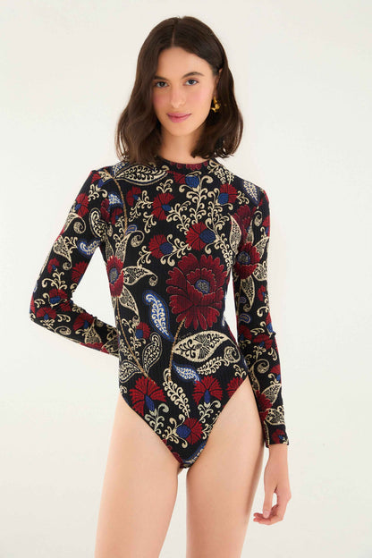 FARM Rio Black Valentina High Neck Long Sleeve Jersey Bodysuit | FARM Rio