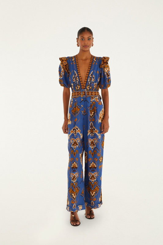 FARM Rio Blue Ornament Floral Jumpsuit