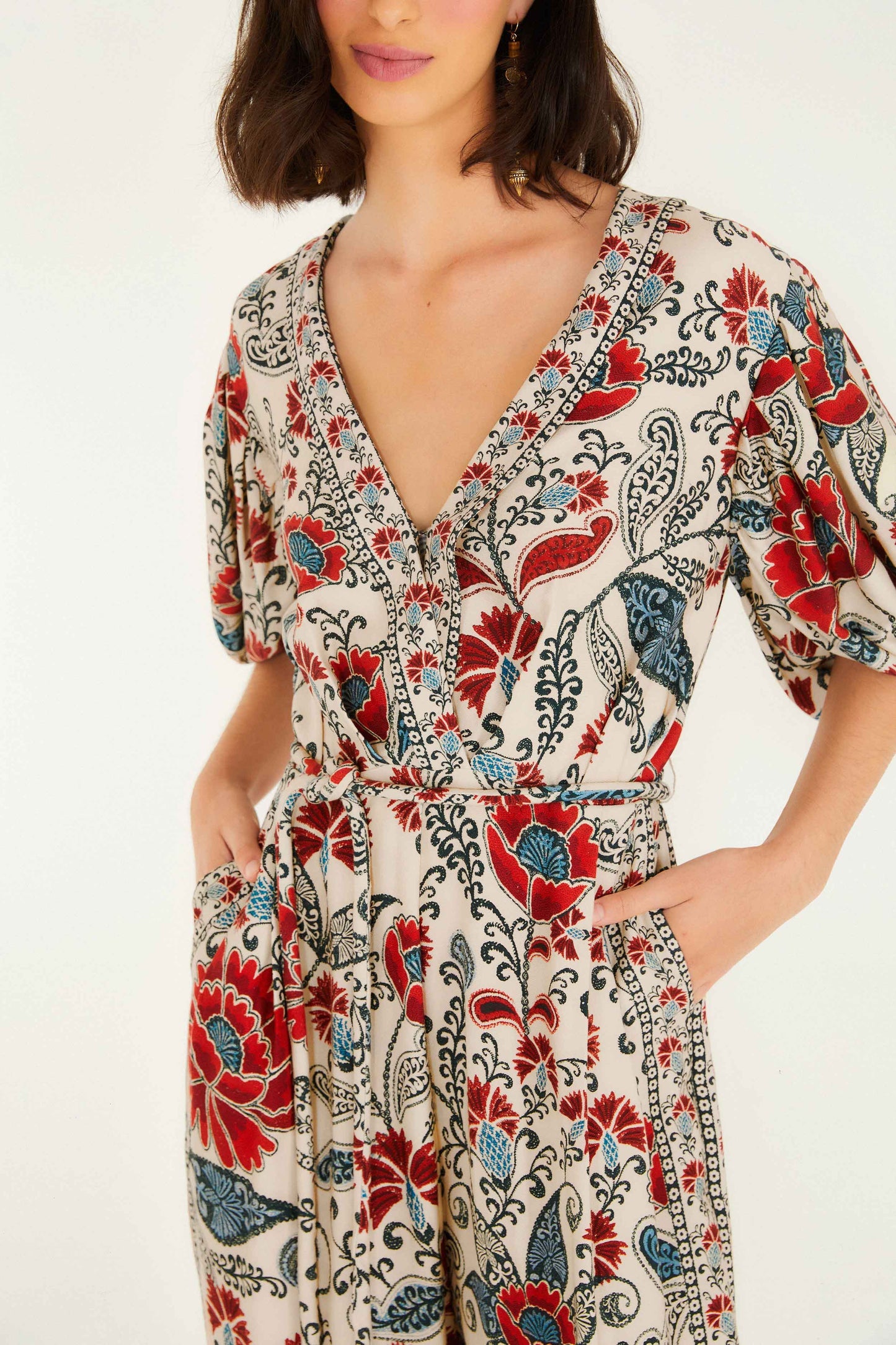 FARM Rio Sand Francesca V Neckline Short Sleeve Jumpsuit | FARM Rio