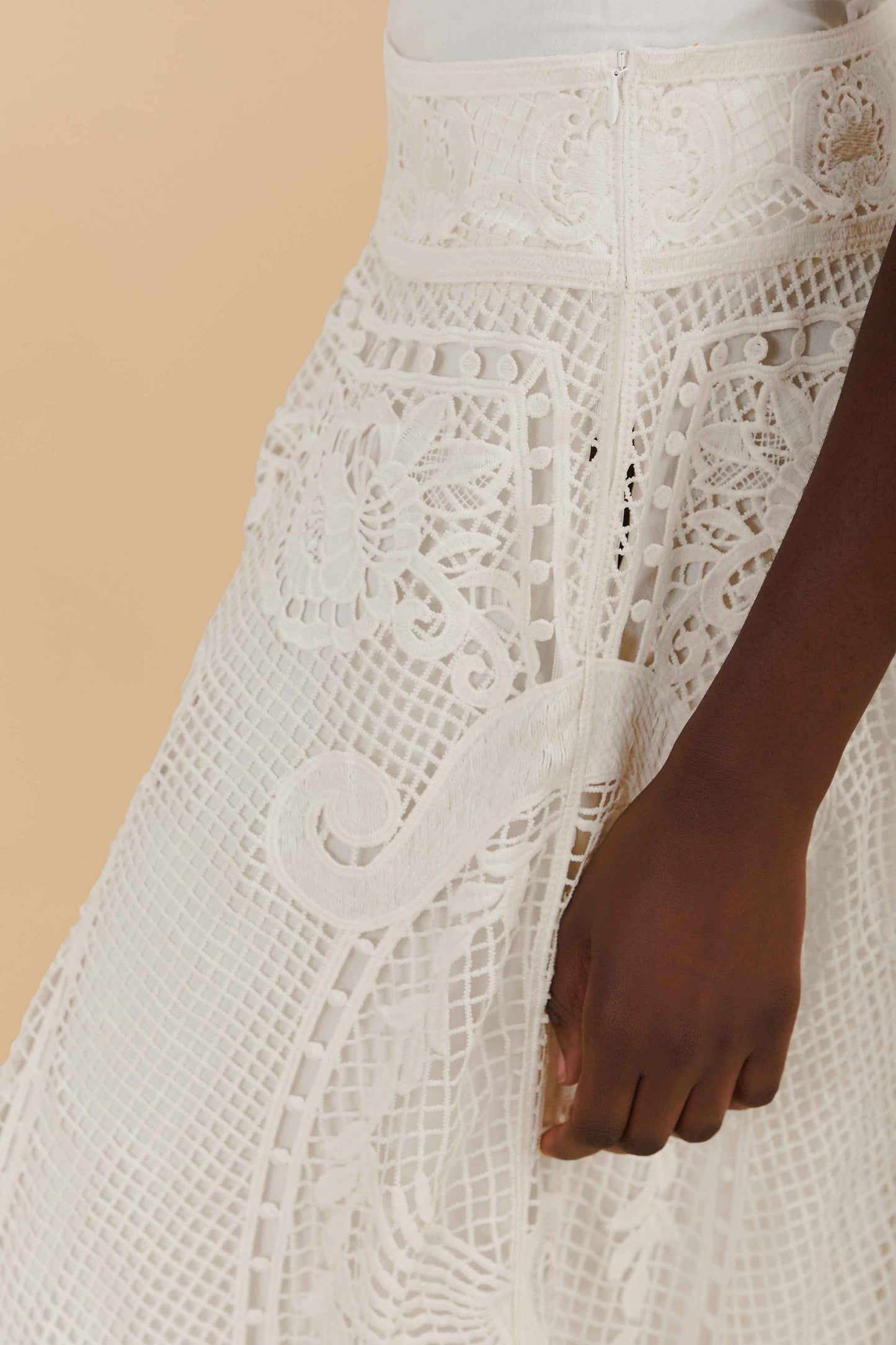 FARM Rio Off-White Swan Lake Guipure Midi Skirt