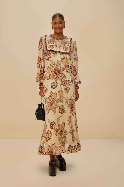 FARM Rio Sand Aura Floral Midi Skirt