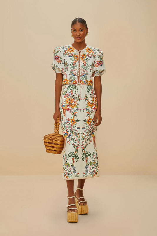 FARM Rio Off-White Delicate Forest Euroflax™ Premium Linen Midi Skirt