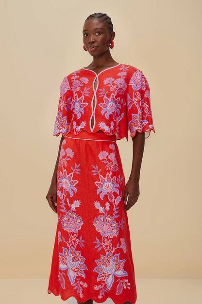 FARM Rio Red Porcelain Garden Euroflax™ Premium Linen Midi Skirt