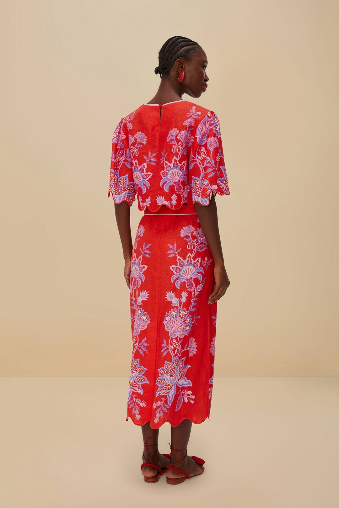FARM Rio Red Porcelain Garden Euroflax™ Premium Linen Midi Skirt